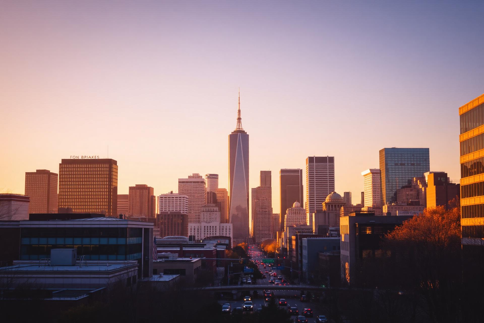 Skyline de una gran ciudad de Estados Unidos al atardecer