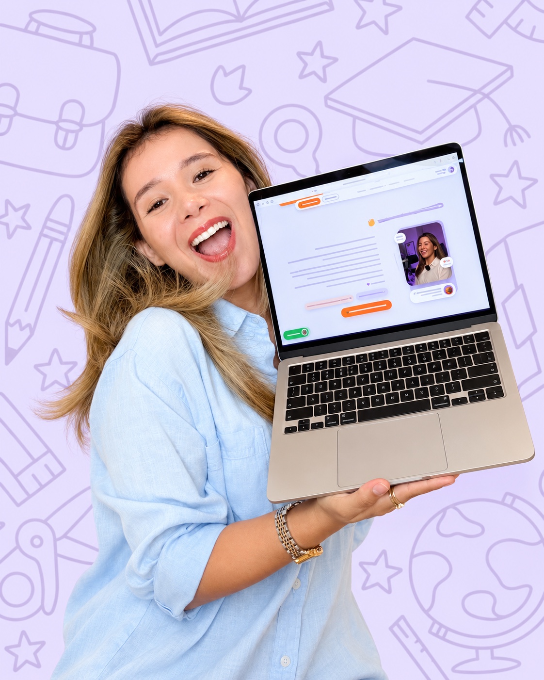 Teacher Alexandra mostrando la plataforma de inglés en su laptop