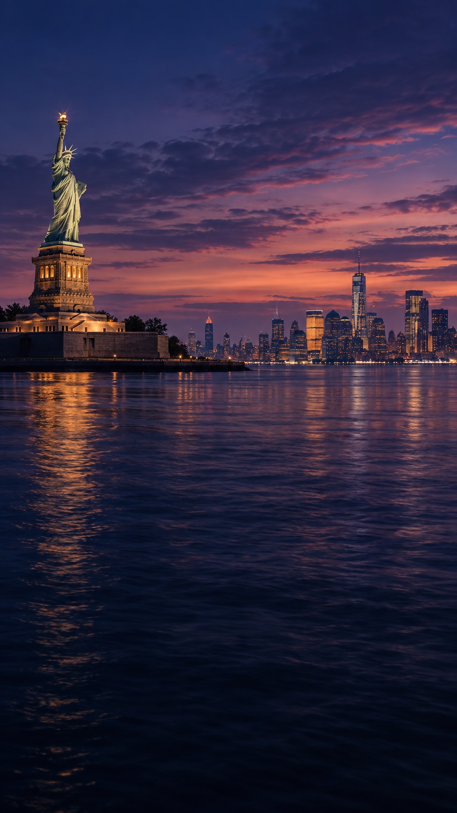 Estatua de la Libertad y skyline de Nueva York al atardecer